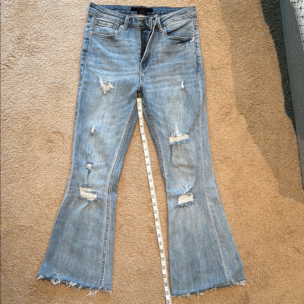 Blue Flare Wide Leg Jeans with Distressed Details